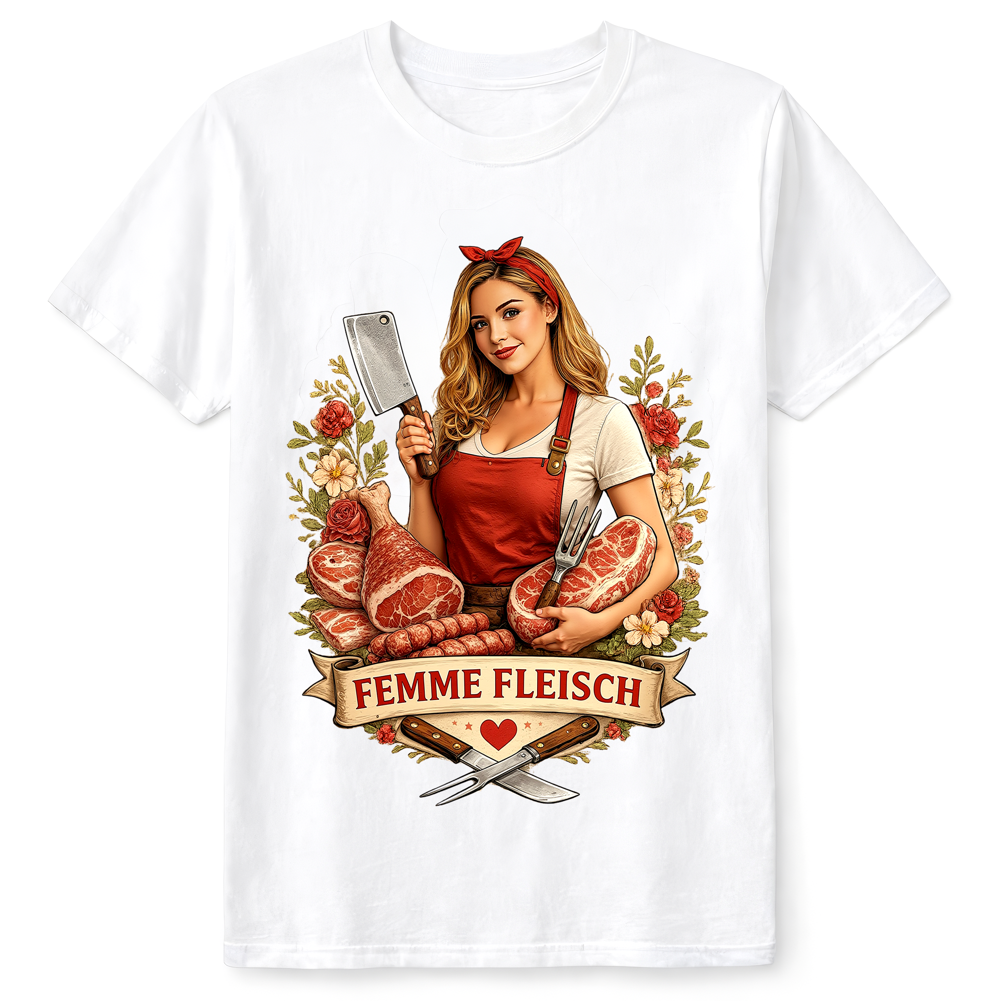 Elegantes Lady-Butcher-Design mit Vintage-Illustration einer Metzgerin und ‚Femme Fleisch‘-Schriftzug – hochwertiges Meatshirts™ Damen T-Shirt für Fleisch-Liebhaberinnen.“