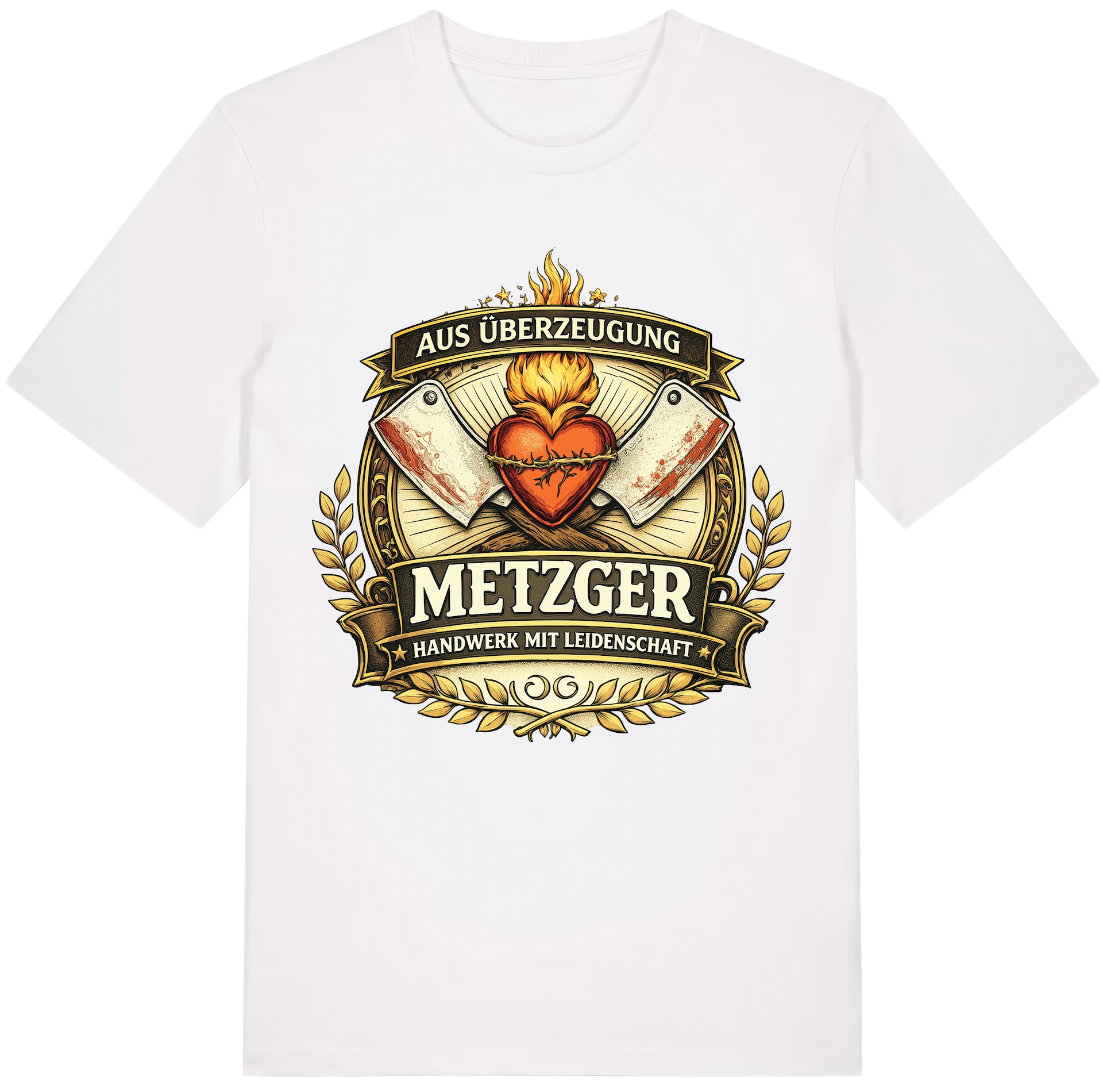Detailliertes Metzger-Emblem im Vintage-Stil auf weißem Hintergrund mit den Schriftzügen „Aus Überzeugung“, „Metzger“ und „Handwerk mit Leidenschaft“. Das Motiv zeigt ein brennendes Herz, zwei gekreuzte Fleischerbeile und einen Lorbeerkranz in heraldischer Anordnung.