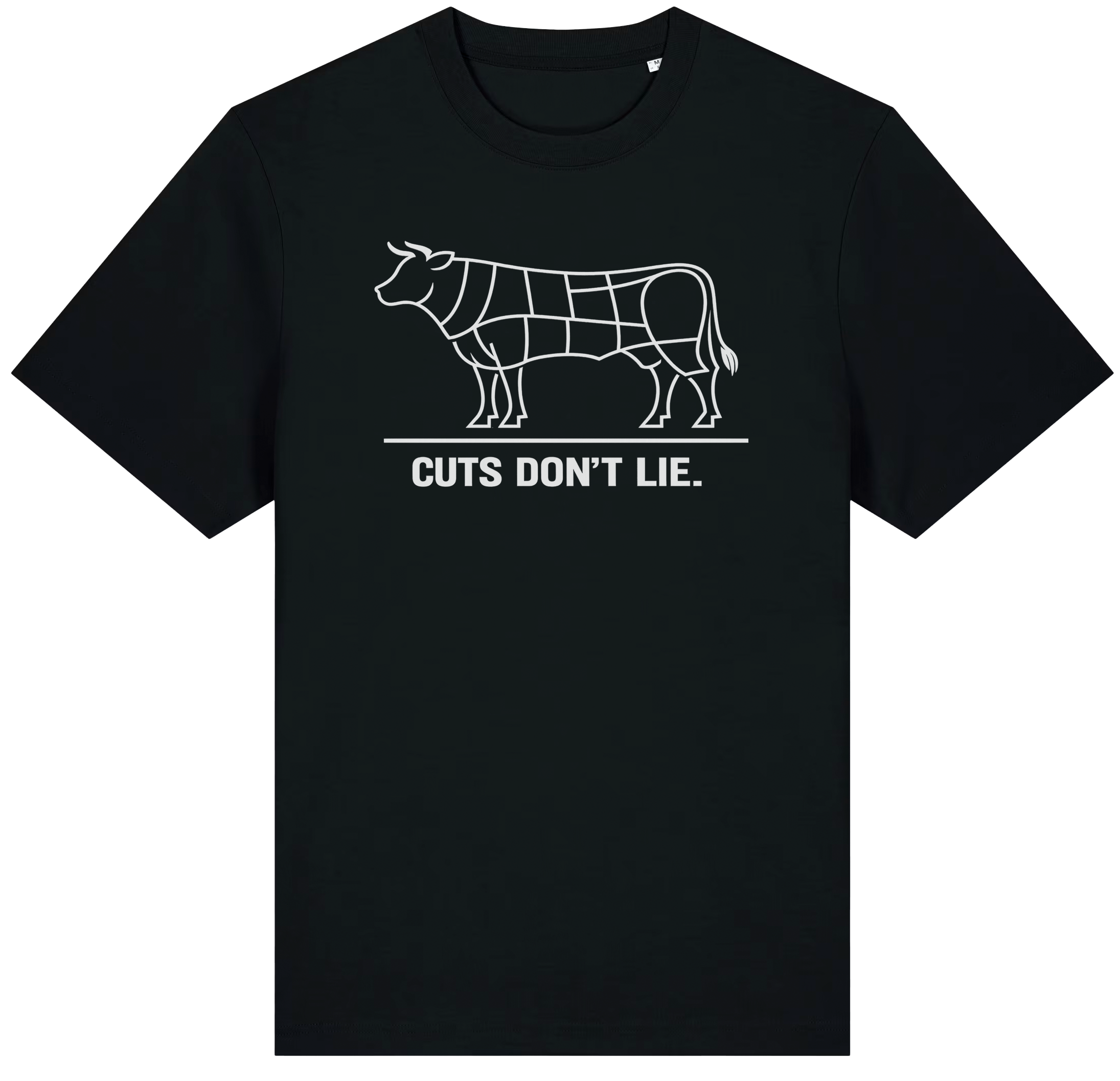 „Cuts Don’t Lie“ Heavy T-Shirt in Schwarz mit weißem Rinderschnitt-Motiv auf der Brust.