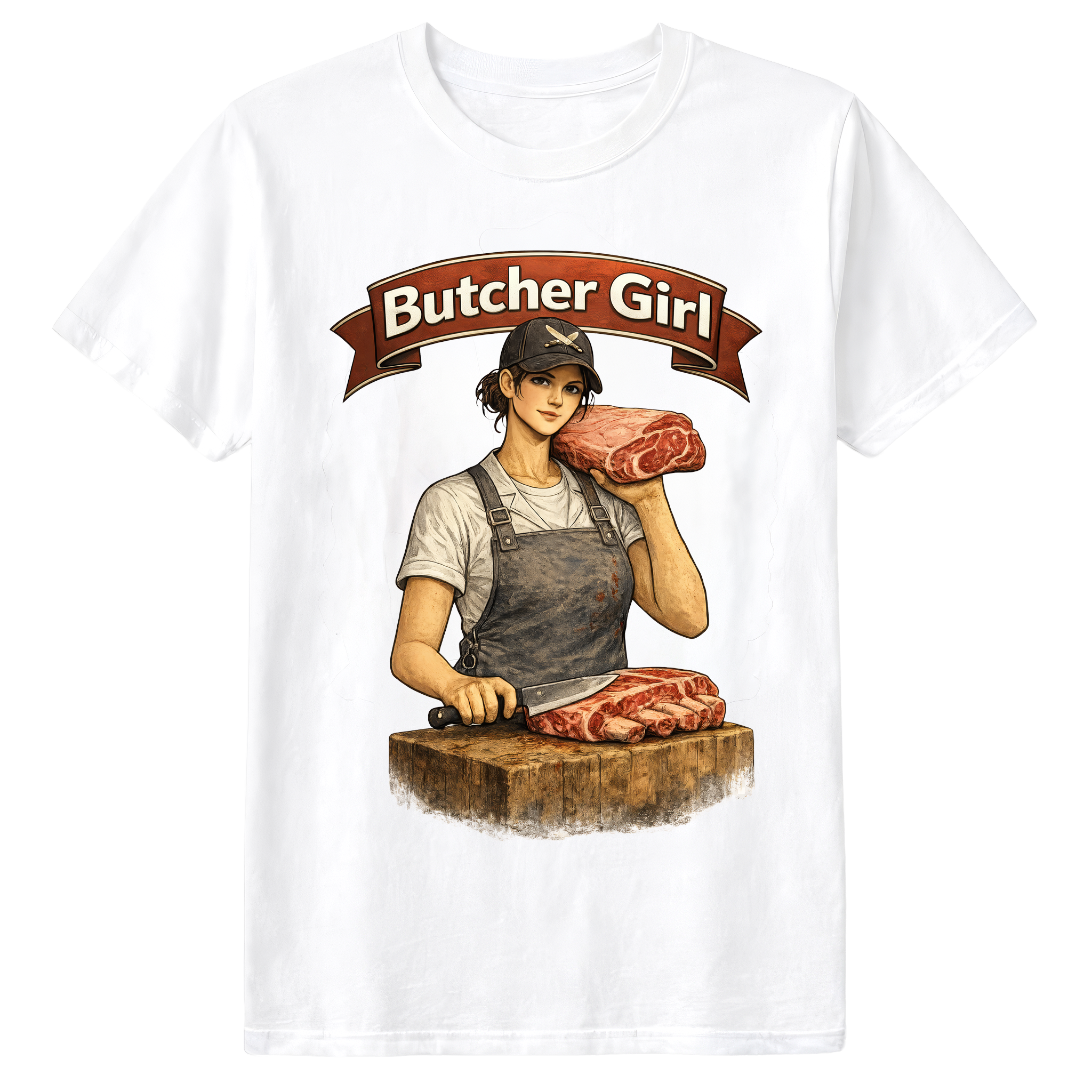 Detailreiche Vintage-Illustration einer Metzgerin mit Hackbeil und ‚Lady Butchers Club‘-Emblem – exklusives Meatshirts™ Damen T-Shirt in nostalgischem Design für das Fleischerhandwerk.