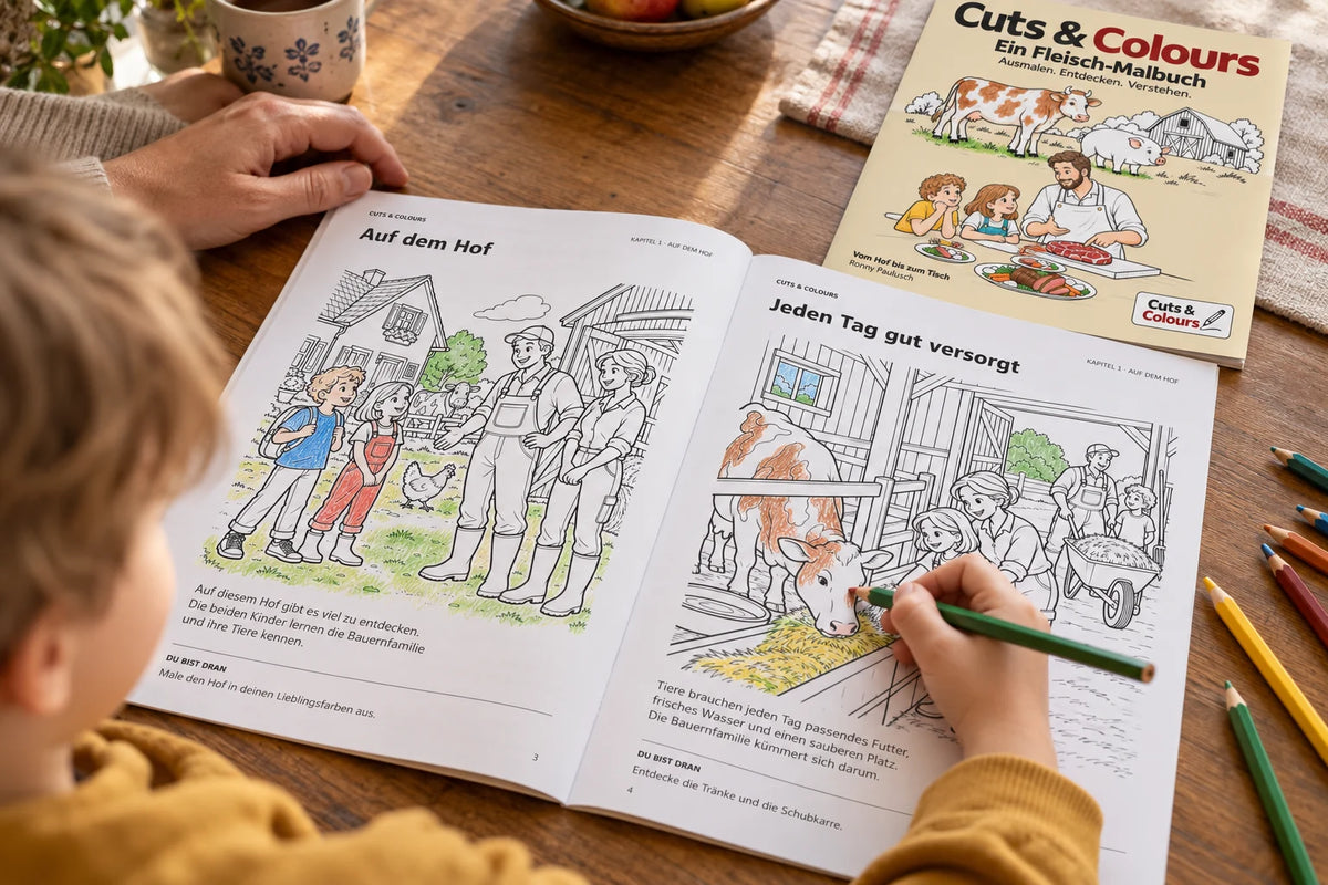 Gemeinsam im Cuts & Colours Fleisch-Malbuch ausmalen