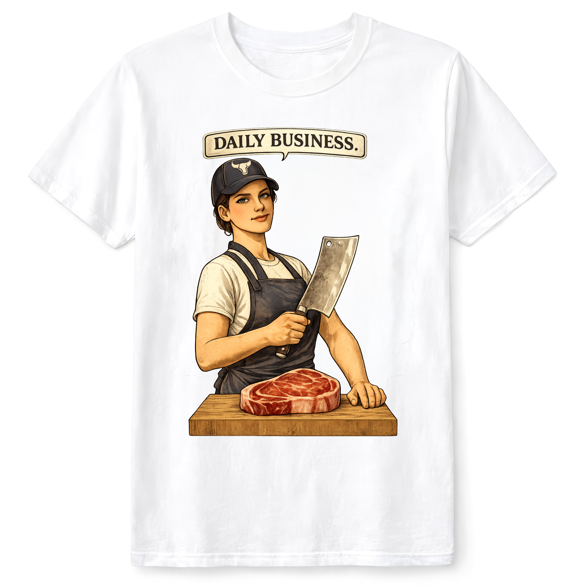 Vintage-Grafik einer selbstbewussten Metzgerin mit Hackbeil am Schneidebrett und dem Schriftzug ‚Daily Business‘ – hochwertiges Meatshirts™ Motiv für Frauen im Fleischerhandwerk.