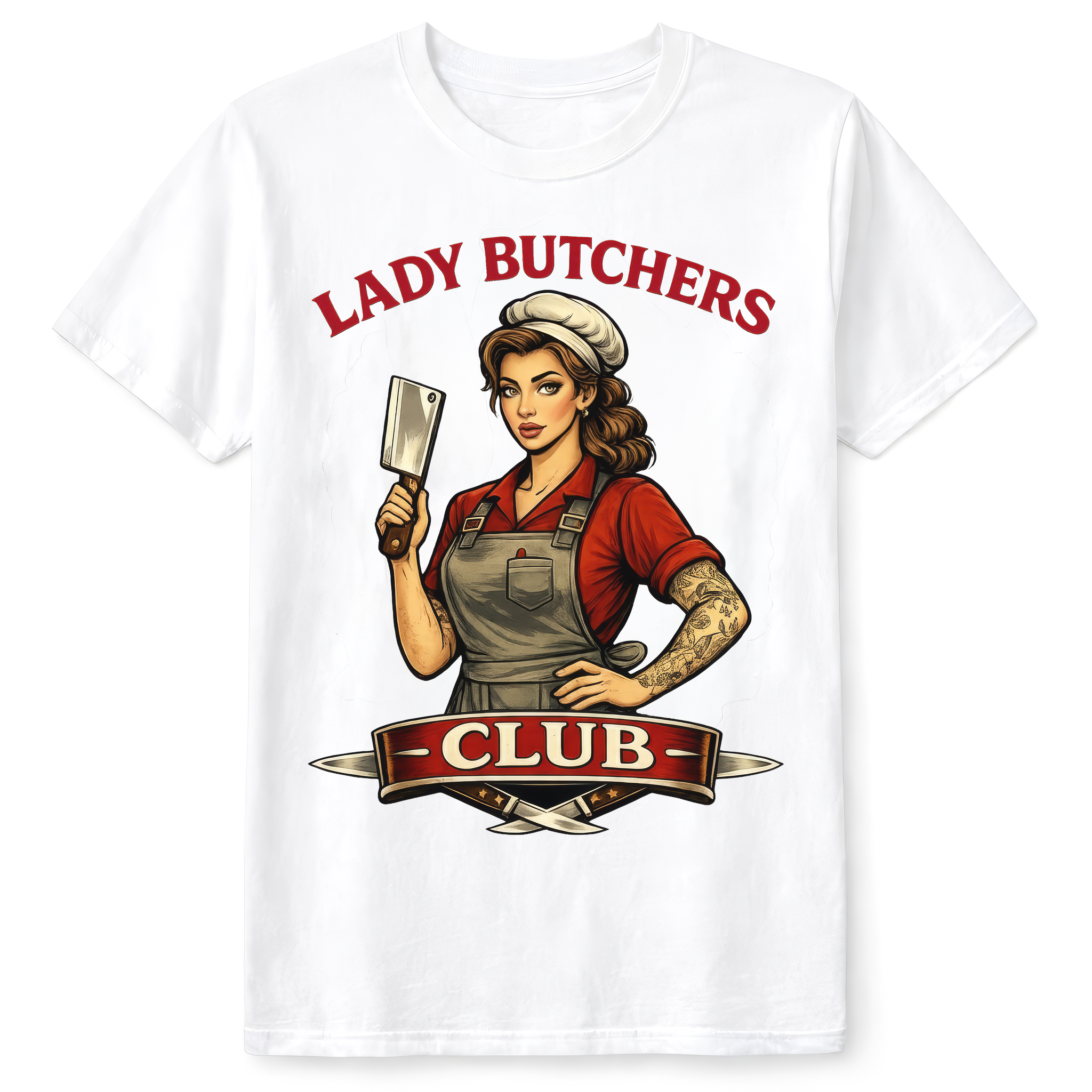 Nostalgisches Emblem-Design ‚Lady Butchers Club‘ mit einer illustrierten Metzgerin, Hackbeil und gekreuzten Messern – klassisches Meatshirts™ Logo-Shirt für Fleisch-Enthusiastinnen.